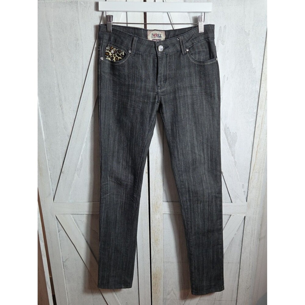 Thrill Black Rhinestone Faux Fur Pocket Skinny Jeans TALL Size 7